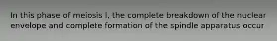 In this phase of meiosis I, the complete breakdown of the nuclear envelope and complete formation of the spindle apparatus occur