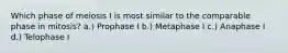 Which phase of meiosis I is most similar to the comparable phase in mitosis? a.) Prophase I b.) Metaphase I c.) Anaphase I d.) Telophase I