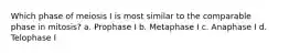 Which phase of meiosis I is most similar to the comparable phase in mitosis? a. Prophase I b. Metaphase I c. Anaphase I d. Telophase I