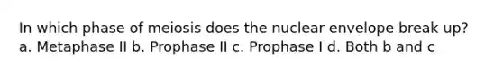 In which phase of meiosis does the nuclear envelope break up? a. Metaphase II b. Prophase II c. Prophase I d. Both b and c