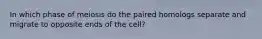 In which phase of meiosis do the paired homologs separate and migrate to opposite ends of the cell?