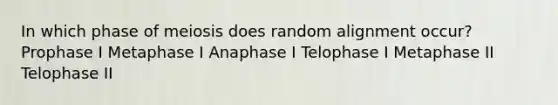 In which phase of meiosis does random alignment occur? Prophase I Metaphase I Anaphase I Telophase I Metaphase II Telophase II