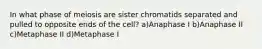 In what phase of meiosis are sister chromatids separated and pulled to opposite ends of the cell? a)Anaphase I b)Anaphase II c)Metaphase II d)Metaphase I