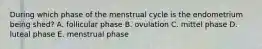 During which phase of the menstrual cycle is the endometrium being shed? A. follicular phase B. ovulation C. mittel phase D. luteal phase E. menstrual phase