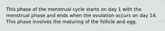 This phase of the menstrual cycle starts on day 1 with the menstrual phase and ends when the ovulation occurs on day 14. This phase involves the maturing of the follicle and egg.