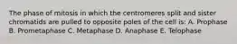 The phase of mitosis in which the centromeres split and sister chromatids are pulled to opposite poles of the cell is: A. Prophase B. Prometaphase C. Metaphase D. Anaphase E. Telophase