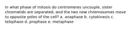 In what phase of mitosis do centromeres uncouple, sister chromatids are separated, and the two new chromosomes move to opposite poles of the cell? a. anaphase b. cytokinesis c. telophase d. prophase e. metaphase