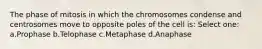 The phase of mitosis in which the chromosomes condense and centrosomes move to opposite poles of the cell is: Select one: a.Prophase b.Telophase c.Metaphase d.Anaphase