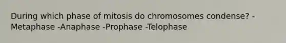 During which phase of mitosis do chromosomes condense? -Metaphase -Anaphase -Prophase -Telophase