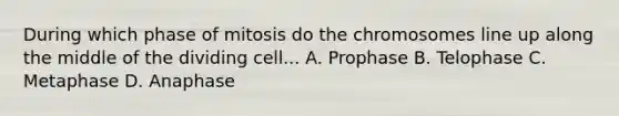 During which phase of mitosis do the chromosomes line up along the middle of the dividing cell... A. Prophase B. Telophase C. Metaphase D. Anaphase