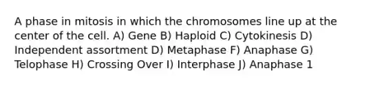 A phase in mitosis in which the chromosomes line up at the center of the cell. A) Gene B) Haploid C) Cytokinesis D) Independent assortment D) Metaphase F) Anaphase G) Telophase H) Crossing Over I) Interphase J) Anaphase 1