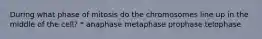 During what phase of mitosis do the chromosomes line up in the middle of the cell? * anaphase metaphase prophase telophase