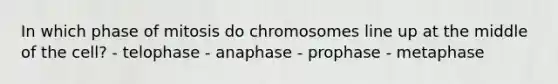 In which phase of mitosis do chromosomes line up at the middle of the cell? - telophase - anaphase - prophase - metaphase