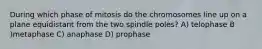 During which phase of mitosis do the chromosomes line up on a plane equidistant from the two spindle poles? A) telophase B )metaphase C) anaphase D) prophase