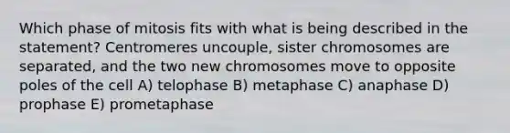 Which phase of mitosis fits with what is being described in the statement? Centromeres uncouple, sister chromosomes are separated, and the two new chromosomes move to opposite poles of the cell A) telophase B) metaphase C) anaphase D) prophase E) prometaphase