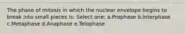 The phase of mitosis in which the nuclear envelope begins to break into small pieces is: Select one: a.Prophase b.Interphase c.Metaphase d.Anaphase e.Telophase