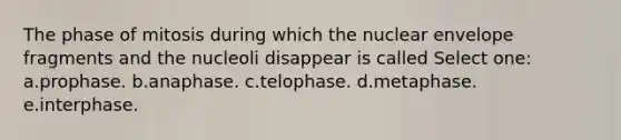 The phase of mitosis during which the nuclear envelope fragments and the nucleoli disappear is called Select one: a.prophase. b.anaphase. c.telophase. d.metaphase. e.interphase.