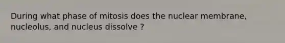 During what phase of mitosis does the nuclear membrane, nucleolus, and nucleus dissolve ?