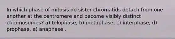 In which phase of mitosis do sister chromatids detach from one another at the centromere and become visibly distinct chromosomes? a) telophase, b) metaphase, c) interphase, d) prophase, e) anaphase .