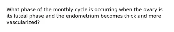 What phase of the monthly cycle is occurring when the ovary is its luteal phase and the endometrium becomes thick and more vascularized?