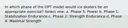 In which phase of the OPT model would ice skaters be an appropriate exercise? Select one: a. Phase 5: Power b. Phase 1: Stabilization Endurance c. Phase 2: Strength Endurance d. Phase 4: Maximal Strength