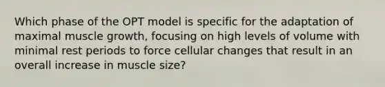 Which phase of the OPT model is specific for the adaptation of maximal muscle growth, focusing on high levels of volume with minimal rest periods to force cellular changes that result in an overall increase in muscle size?