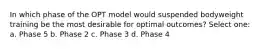 In which phase of the OPT model would suspended bodyweight training be the most desirable for optimal outcomes? Select one: a. Phase 5 b. Phase 2 c. Phase 3 d. Phase 4