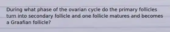 During what phase of the ovarian cycle do the primary follicles turn into secondary follicle and one follicle matures and becomes a Graafian follicle?