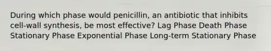 During which phase would penicillin, an antibiotic that inhibits cell-wall synthesis, be most effective? Lag Phase Death Phase Stationary Phase Exponential Phase Long-term Stationary Phase