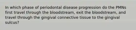 In which phase of periodontal disease progression do the PMNs first travel through the bloodstream, exit the bloodstream, and travel through the gingival connective tissue to the gingival sulcus?