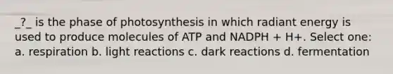 _?_ is the phase of photosynthesis in which radiant energy is used to produce molecules of ATP and NADPH + H+. Select one: a. respiration b. light reactions c. dark reactions d. fermentation