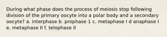 During what phase does the process of meiosis stop following division of the primary oocyte into a polar body and a secondary oocyte? a. interphase b. prophase 1 c. metaphase I d anaphase I e. metaphase II f. telophase II