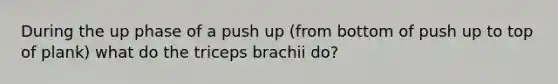 During the up phase of a push up (from bottom of push up to top of plank) what do the triceps brachii do?