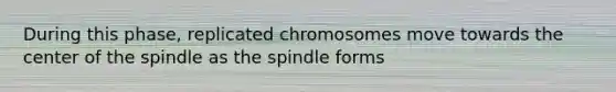 During this phase, replicated chromosomes move towards the center of the spindle as the spindle forms