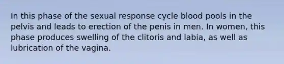 In this phase of the sexual response cycle blood pools in the pelvis and leads to erection of the penis in men. In women, this phase produces swelling of the clitoris and labia, as well as lubrication of the vagina.