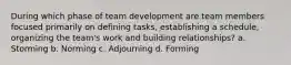 During which phase of team development are team members focused primarily on defining tasks, establishing a schedule, organizing the team's work and building relationships? a. Storming b. Norming c. Adjourning d. Forming