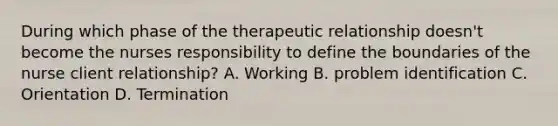 During which phase of the therapeutic relationship doesn't become the nurses responsibility to define the boundaries of the nurse client relationship? A. Working B. problem identification C. Orientation D. Termination