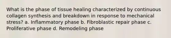 What is the phase of tissue healing characterized by continuous collagen synthesis and breakdown in response to mechanical stress? a. Inflammatory phase b. Fibroblastic repair phase c. Proliferative phase d. Remodeling phase