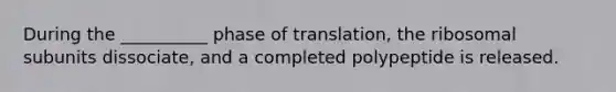 During the __________ phase of translation, the ribosomal subunits dissociate, and a completed polypeptide is released.