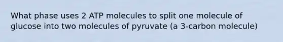 What phase uses 2 ATP molecules to split one molecule of glucose into two molecules of pyruvate (a 3-carbon molecule)