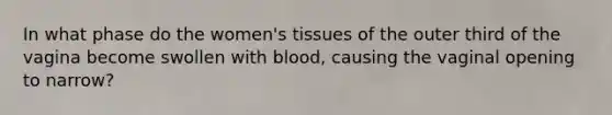 In what phase do the women's tissues of the outer third of the vagina become swollen with blood, causing the vaginal opening to narrow?