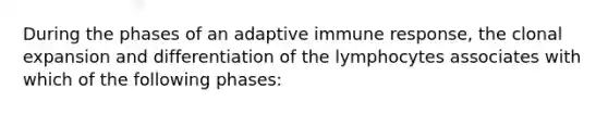 During the phases of an adaptive immune response, the clonal expansion and differentiation of the lymphocytes associates with which of the following phases: