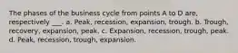 The phases of the business cycle from points A to D are, respectively ___. a. Peak, recession, expansion, trough. b. Trough, recovery, expansion, peak. c. Expansion, recession, trough, peak. d. Peak, recession, trough, expansion.