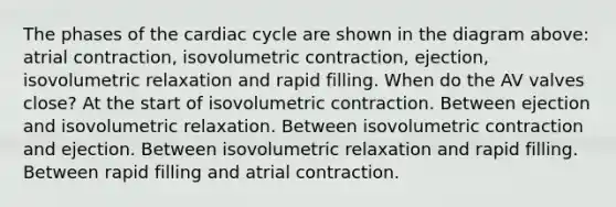 The phases of the cardiac cycle are shown in the diagram above: atrial contraction, isovolumetric contraction, ejection, isovolumetric relaxation and rapid filling. When do the AV valves close? At the start of isovolumetric contraction. Between ejection and isovolumetric relaxation. Between isovolumetric contraction and ejection. Between isovolumetric relaxation and rapid filling. Between rapid filling and atrial contraction.