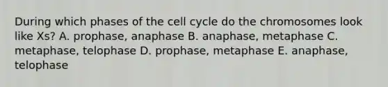 During which phases of the cell cycle do the chromosomes look like Xs? A. prophase, anaphase B. anaphase, metaphase C. metaphase, telophase D. prophase, metaphase E. anaphase, telophase