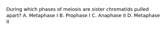 During which phases of meiosis are sister chromatids pulled apart? A. Metaphase I B. Prophase I C. Anaphase II D. Metaphase II