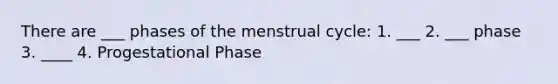 There are ___ phases of the menstrual cycle: 1. ___ 2. ___ phase 3. ____ 4. Progestational Phase