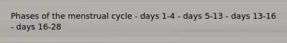 Phases of the menstrual cycle - days 1-4 - days 5-13 - days 13-16 - days 16-28