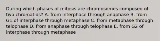 During which phases of mitosis are chromosomes composed of two chromatids? A. from interphase through anaphase B. from G1 of interphase through metaphase C. from metaphase through telophase D. from anaphase through telophase E. from G2 of interphase through metaphase