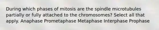 During which phases of mitosis are the spindle microtubules partially or fully attached to the chromosomes? Select all that apply. Anaphase Prometaphase Metaphase Interphase Prophase